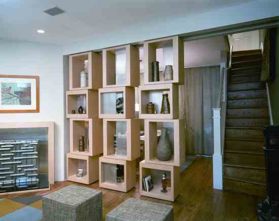 The new cabinets slide into different positions to separate or open up the dining and living areas.